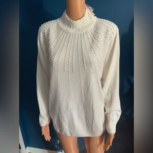 Dressbarn White Turtleneck Sweater with Pearl Accents